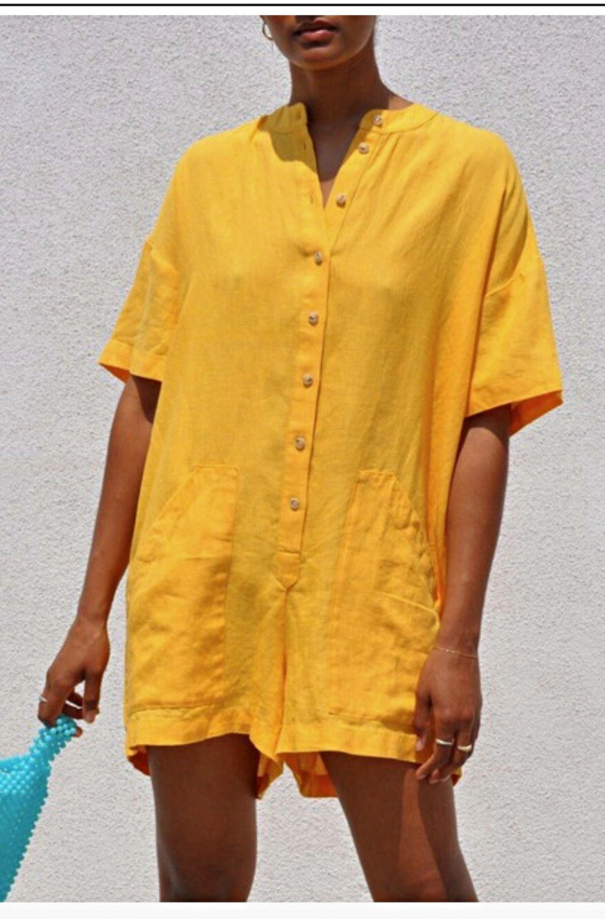 Mara Hoffman Lowri Linen Boxy Romper Turmeric Yellow Size 2X Flawed
